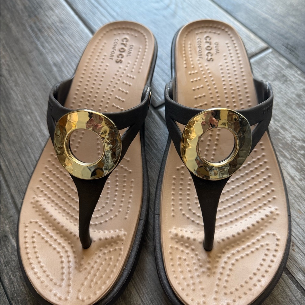 Crocs Women's Black and Gold Sandals